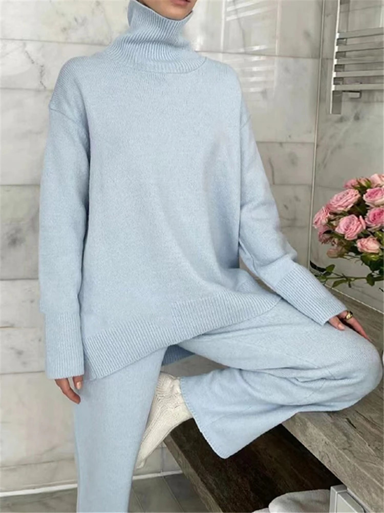 2 Pieces Women Sets Knitted Tracksuit Turtleneck Sweater and Wide Leg Jogging Pants Pullover Suit 240715