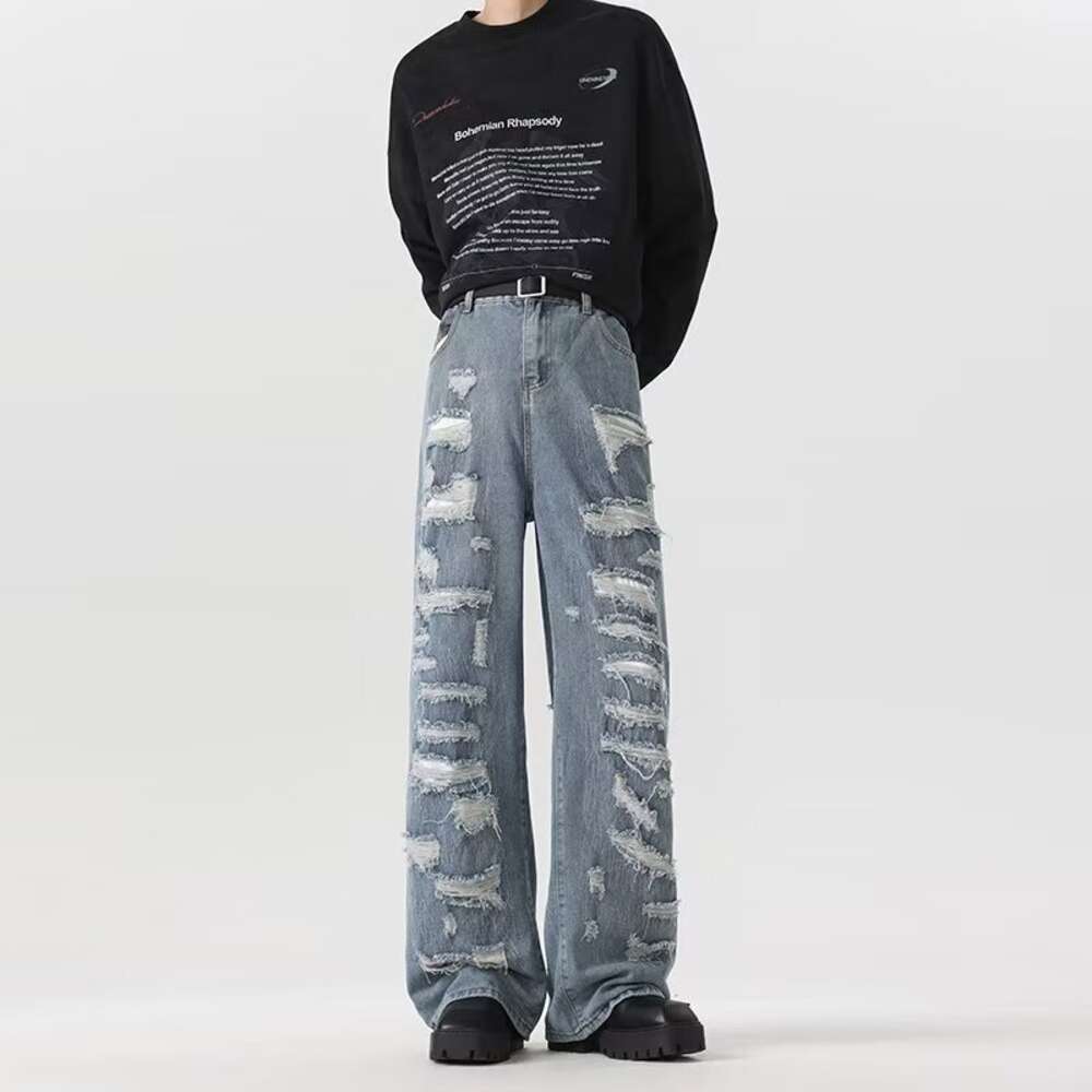 2024 American high street personalized ripped jeans, niche vintage design, long pants for men and women, spring trend