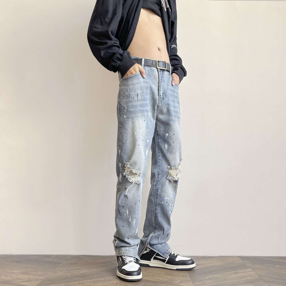 Men's jeans, teenage Korean version, ripped hole, slim fit, splashed ink, casual small leg pants for men