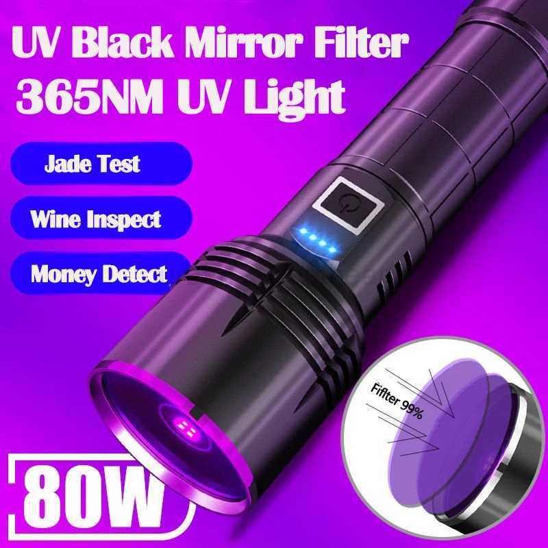 Powerful 80W 4-CORE 365NM UV Flashlight High Power Black Mirror Purple Light Detection Torch Type-C Rechargeable 26650 LanternCL240718