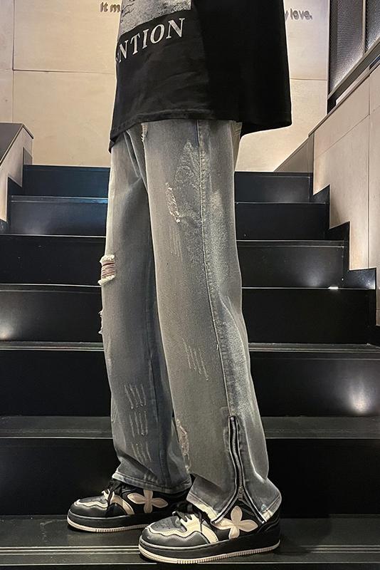 High Street Pant Hem Zipper Fit Slim Ragged Men's Denim Pants