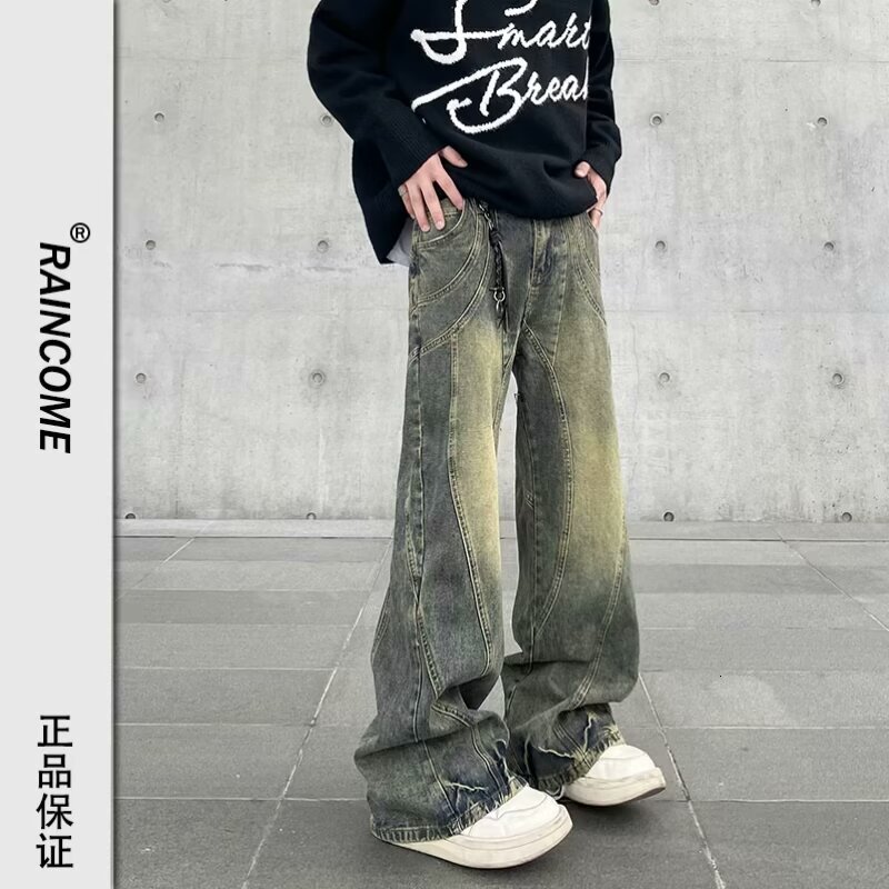 High street straight tube deconstruction, old color jeans for men women, slim and tall, wide legs, slightly flared pants