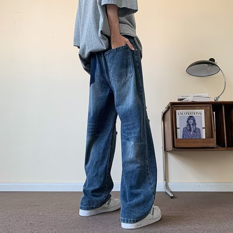 Ripped jeans, American high street fashion brand, straight leg loose long pants, summer slim fit