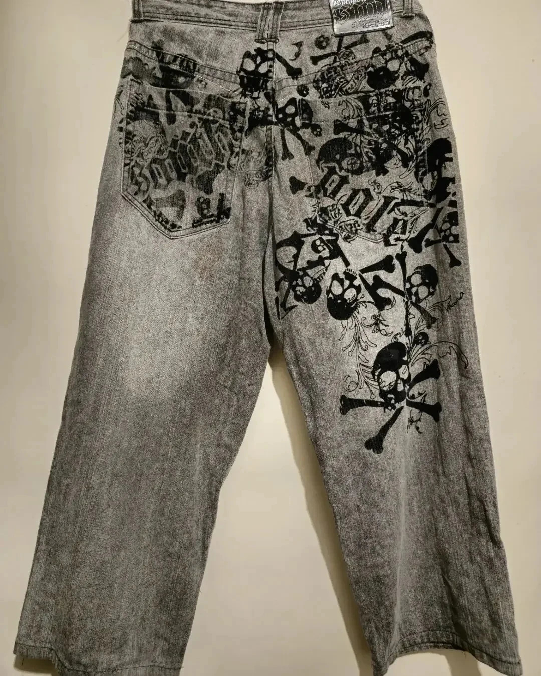 American Harajuku Vintage Print Jeans Y2K Women Washed Gray Straight Pants Street Gothic Loose Unisex Trousers 240708
