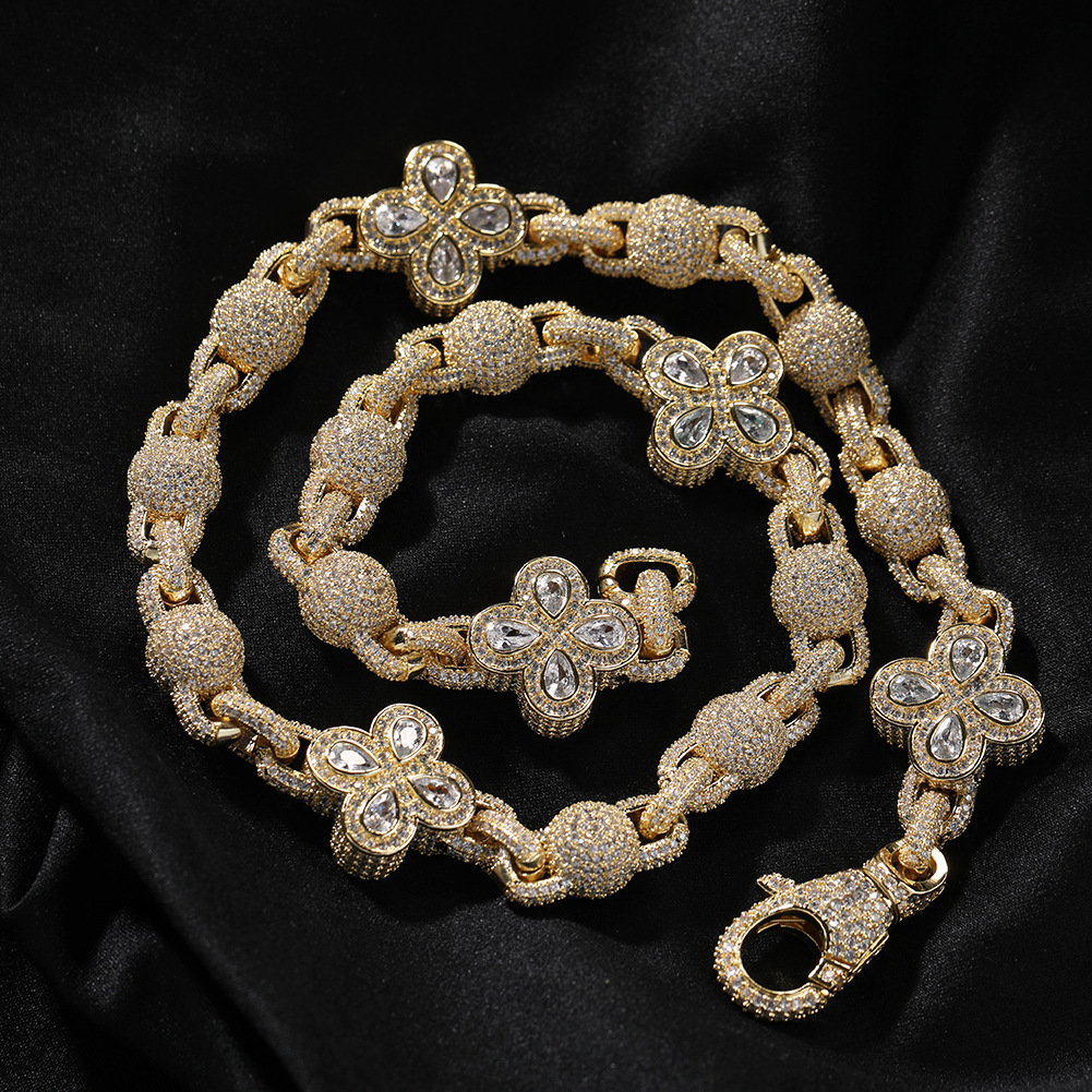 Hip Hop Flower Chain Necklace Bracelet 18K Gold Plated 5A Zircon Men Jewelry Set