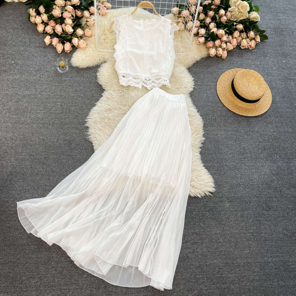 Seaside Vacation 2022 Summer Womens Lace Top, High Waist, Slim Look, Folded Chiffon Half Skirt, Two Piece Set Waist Sexy Oversize Dress Lace Dress