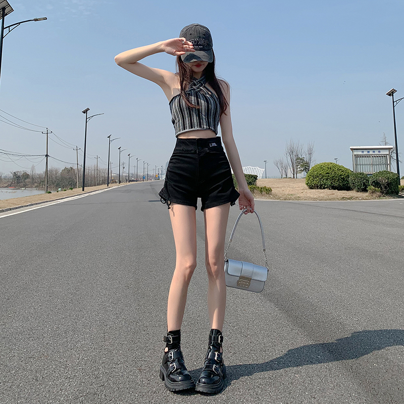 Black denim shorts for women in the summer of 2023, high waisted and slimming new style, niche design, tied rope, spicy girl hot pants