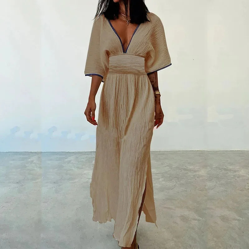 Women Vintage Solid Cotton Linen Dress Spring Deep Vneck Tunic Split Long Summer Batwing Sleeve Boho Maxi Dresses Vestido 240712