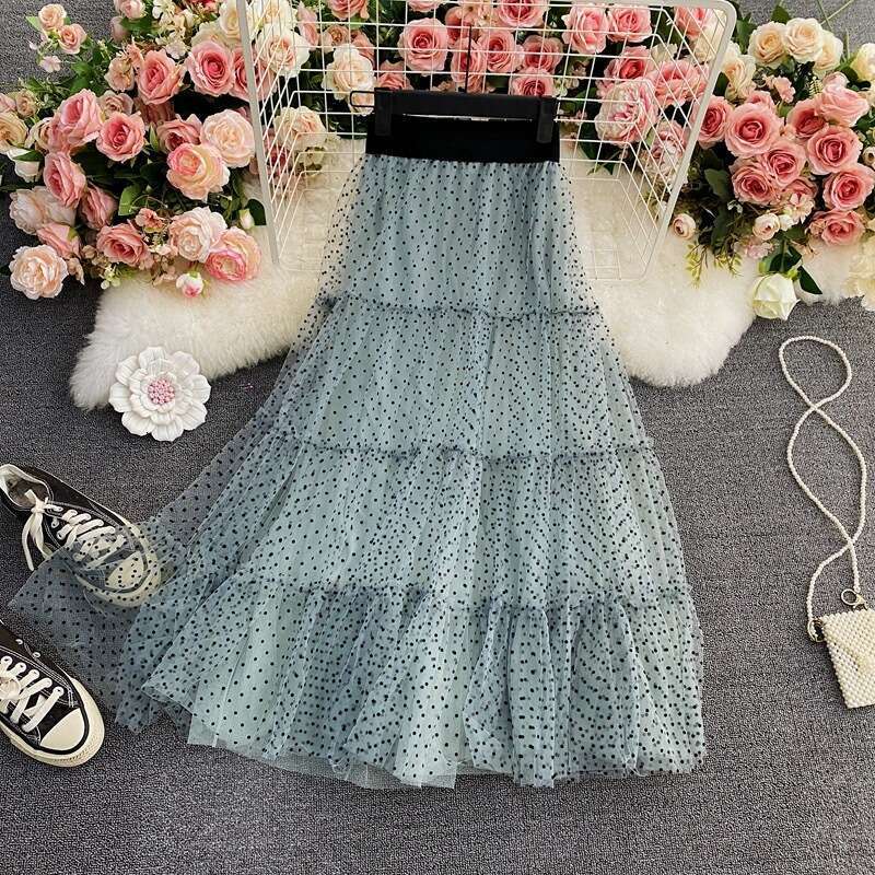 Summer New High Waisted Mid Large Hem Mesh Puffy Cake with Elastic Knee Length A-line Skirt for Women Long Summer Dress Loose Novelty Pregnant Womens 