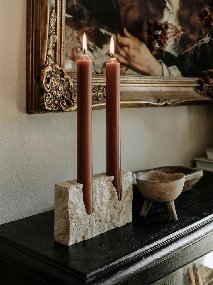 2 Holes Marble Candlestick Holder for Wedding Dinning Party Vintage Travertine Stone Taper Candle Table Centerpiece 240712