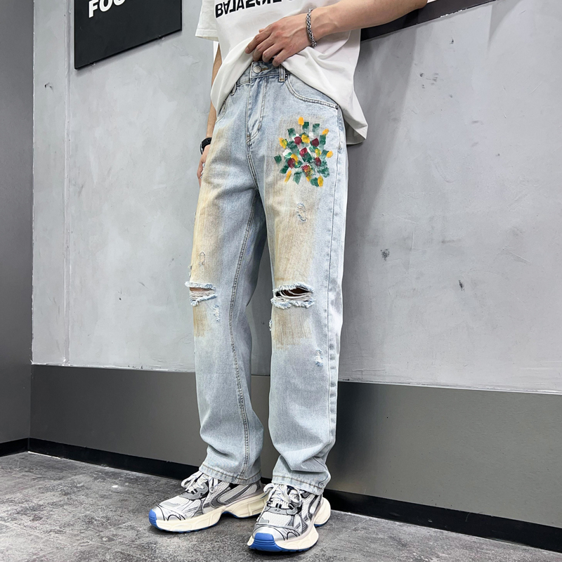 American fashion brand printed ripped jeans men's loose straight trendy wide leg pants