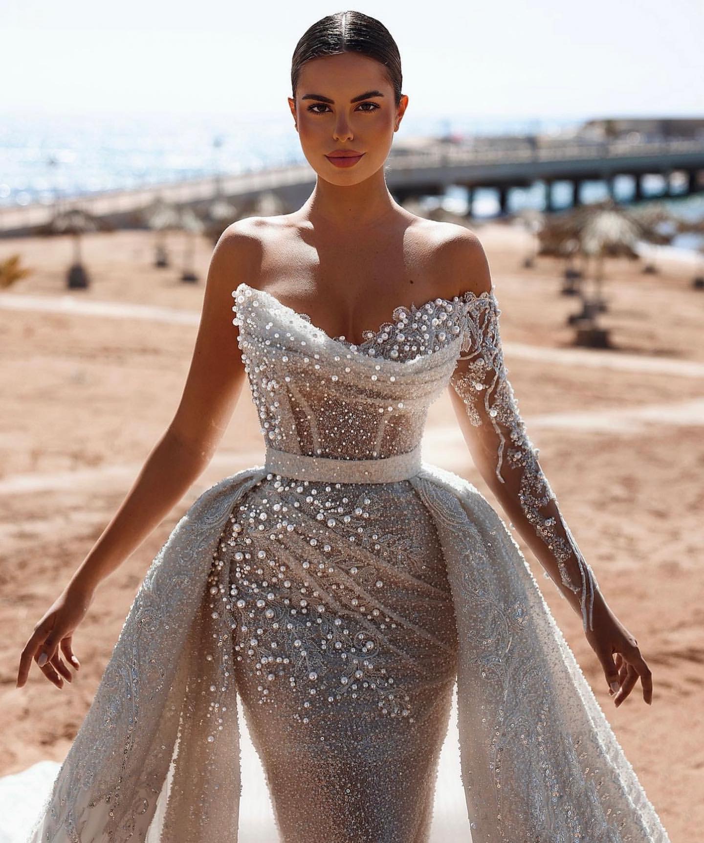 2024 Arabic Aso Ebi Plus Size Ivory Mermaid Wedding Dresses Lace Pearls Detachable Train Sparkly Bridal Gowns Dresses ZJ046