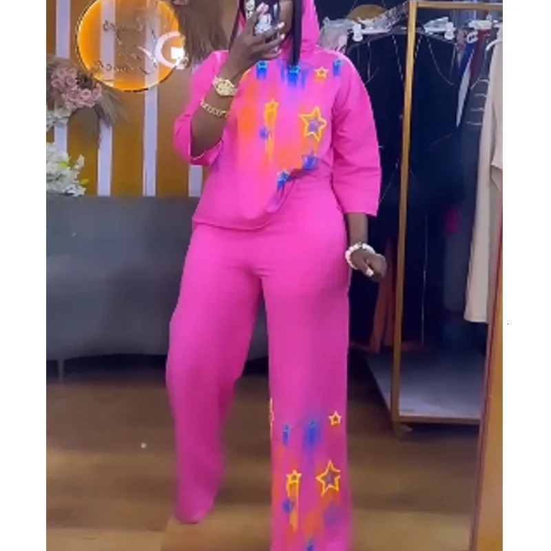 Fashion Women 2 Piece Sets Matching Stripe Printed Two Pieces Hoody Top Pants Suits Outfits Clothing 240710