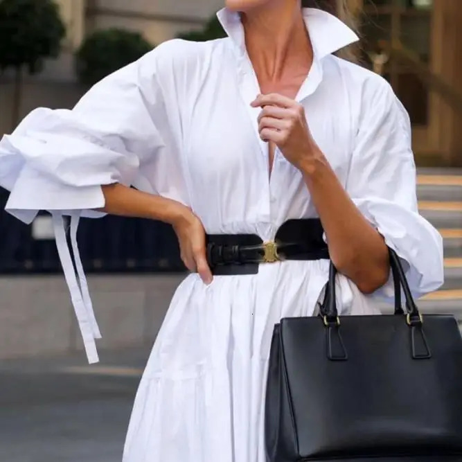 Oversized Womens dress 2024 summer Casual White Shirt Skirt Long Sleeved Solid Color Loose Fitting Dress with Belt 240717