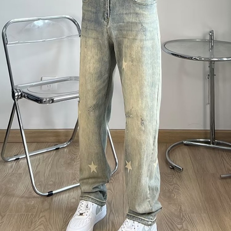 Straight leg men's spring brand fashionable loose yellow mud washed star printed jeans trend