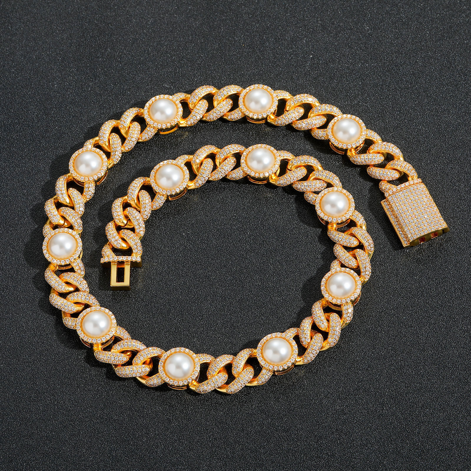 Hip Hop High Quality Pearl Cuban Chain Necklace Bracelet 5A Zircon 18k Gold Plated Jewelry Set
