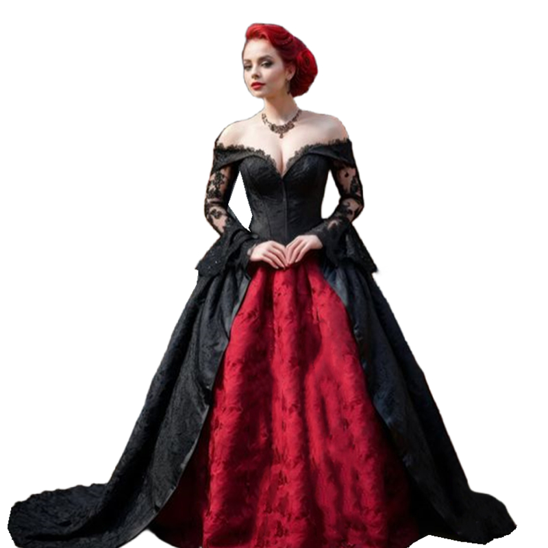 Medieval Gothic Wedding Dresses Off Shoulder Long Sleeves Princess Bridal Gowns Lace With Satin Black And Dark Red Vintage Renaissance Dress For Women
