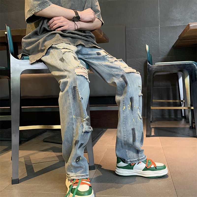 Splashing ink graffiti jeans with ripped holes trendy ins high street niche design high-end straight leg pants