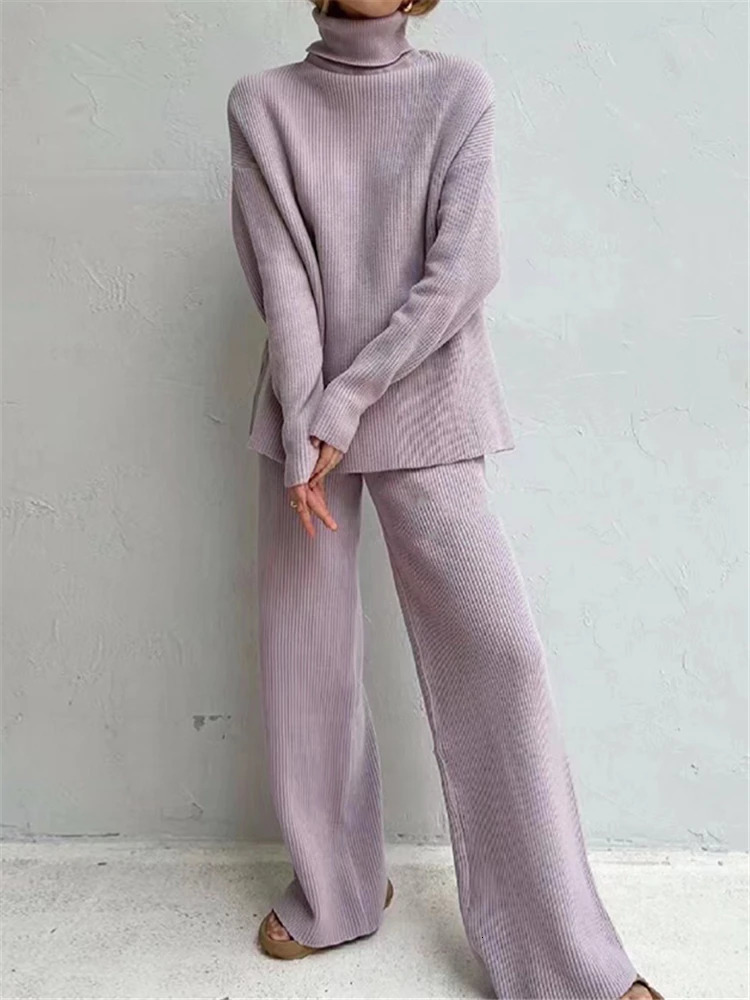 2 Pieces Women Sets Knitted Tracksuit Turtleneck Sweater and Wide Leg Jogging Pants Pullover Suit 240715