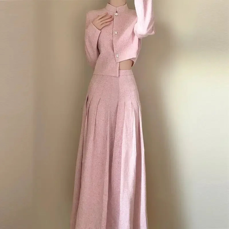 Womens Autumn Fragrant Style Stand Neck Coat Pleat Skirt Half Set Vintage Casual Irregular Two Piece 240715