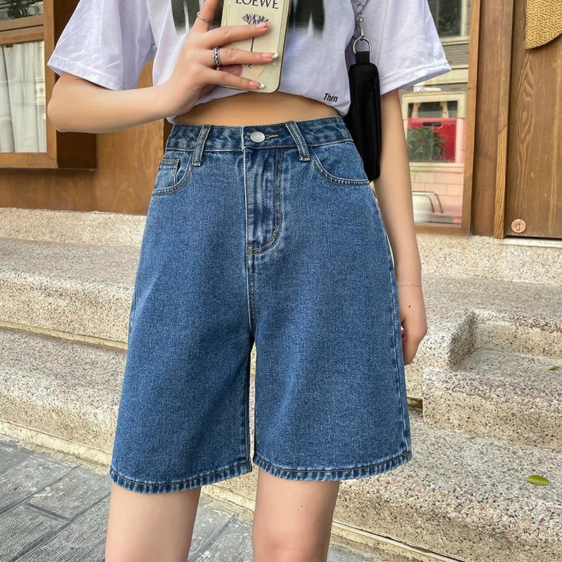 Women Denim 2024 Summer Vintage Streetwear Female High Waist Wide Leg Straight Short Pants Solid Color Ladies Jean Shorts