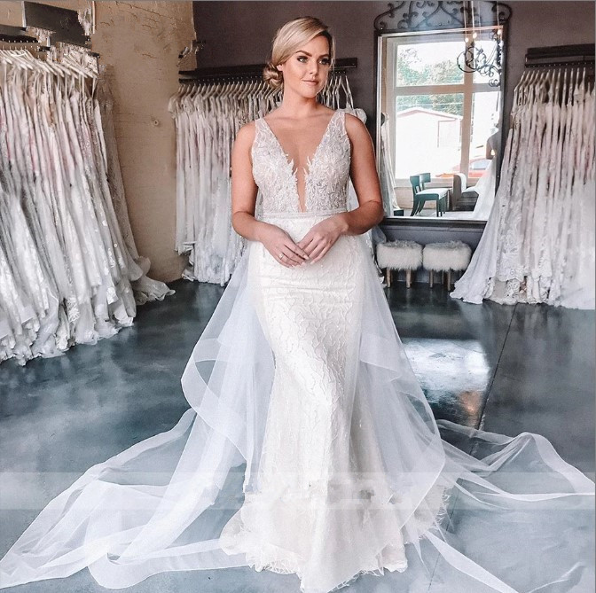 Ashley Carol Sexy Mermaid Dresses 2024 V-necke Romantic Beaded Detachable Train Wedding Gown Vestidos De Novia