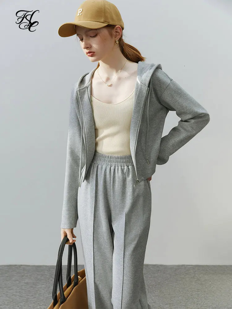 FSLE casual style short hooded zipper sweater jacket womens spring and autumn pants solid color twopiece set 240717