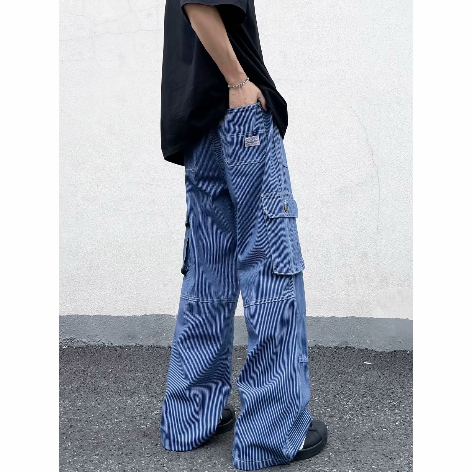 American striped workwear jeans summer street multi pocket high waist straight loose wide leg pants