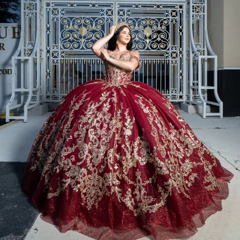 Red Shiny Princess Party Prom Dresses Off Shoulder Puffy Sweet 16 Sequined Applique Lace Beads Tull vestidos de 15 quinceanera