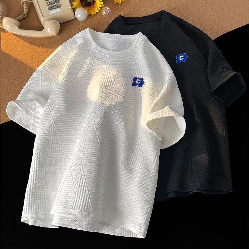 Man Tshirt Korean Oversized Loose White Summer Baggy Waffle Short Sleeve Bu T Shirt Men