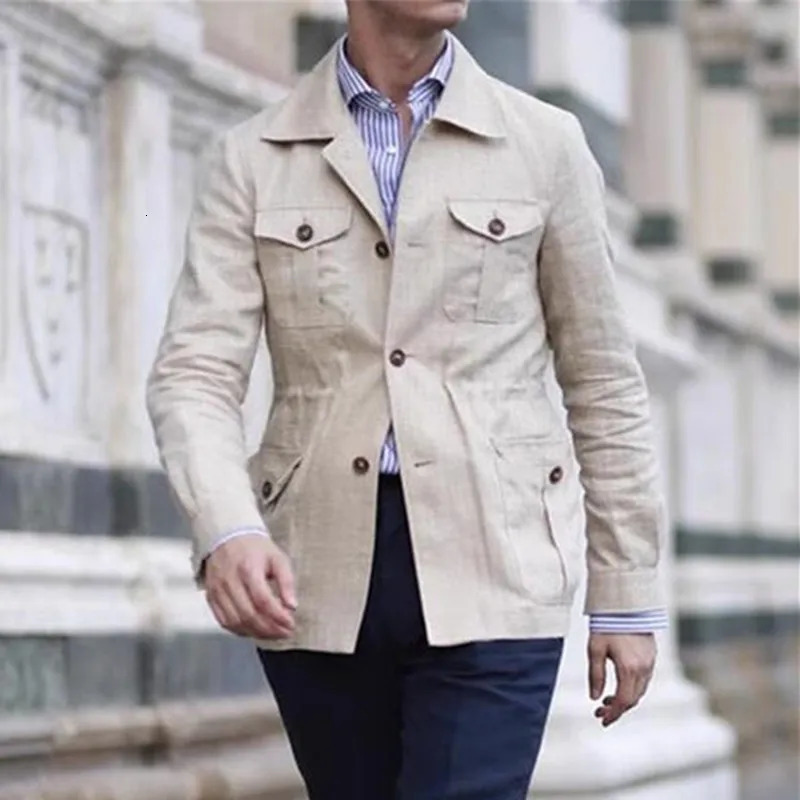 Mens Coats Safari Jacket Linen British Retro Gentry Suit Pockets Outerwear Fashion Solid Color Male Tops Ropa Hombre 240711