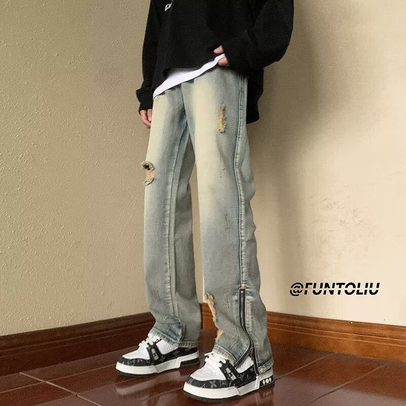 2024American high street ripped jeans men's summer thin, loose straight leg trendy brand split zipper pants