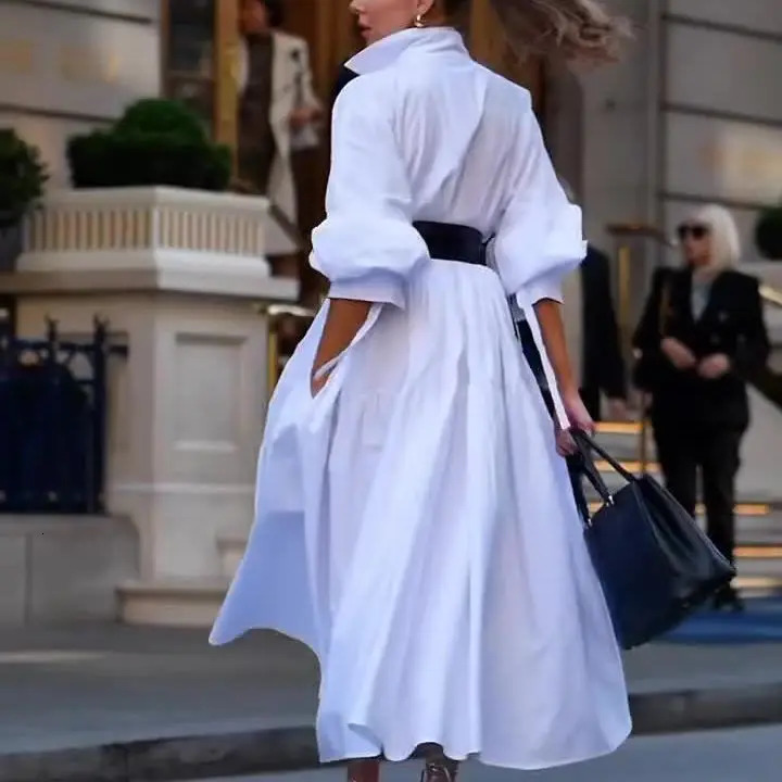 Oversized Womens dress 2024 summer Casual White Shirt Skirt Long Sleeved Solid Color Loose Fitting Dress with Belt 240717