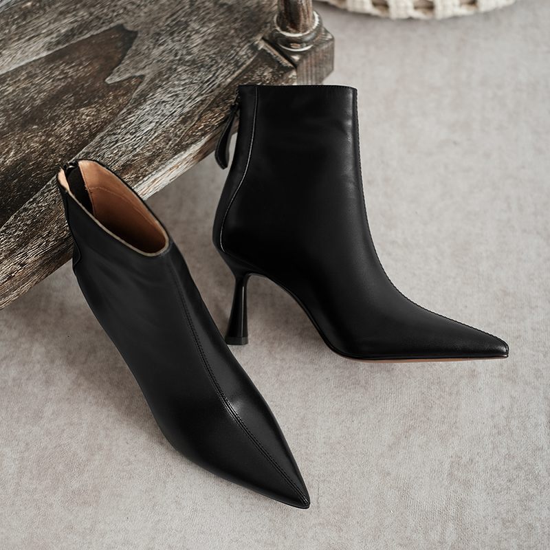 Krazing Pot Big Size 42 Cow Leather Pointed Toe High Heels Chic Design Concise Winter Spring Shoe Dress Warm Wedding Ankle Boots