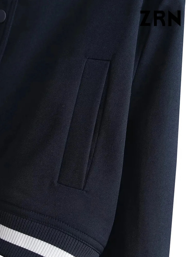 ZRN Women Fashion With Pockets Bomber Jacket Coat Vintage Long Sleeve Front Button Female Outerwear Chic Tops 240715