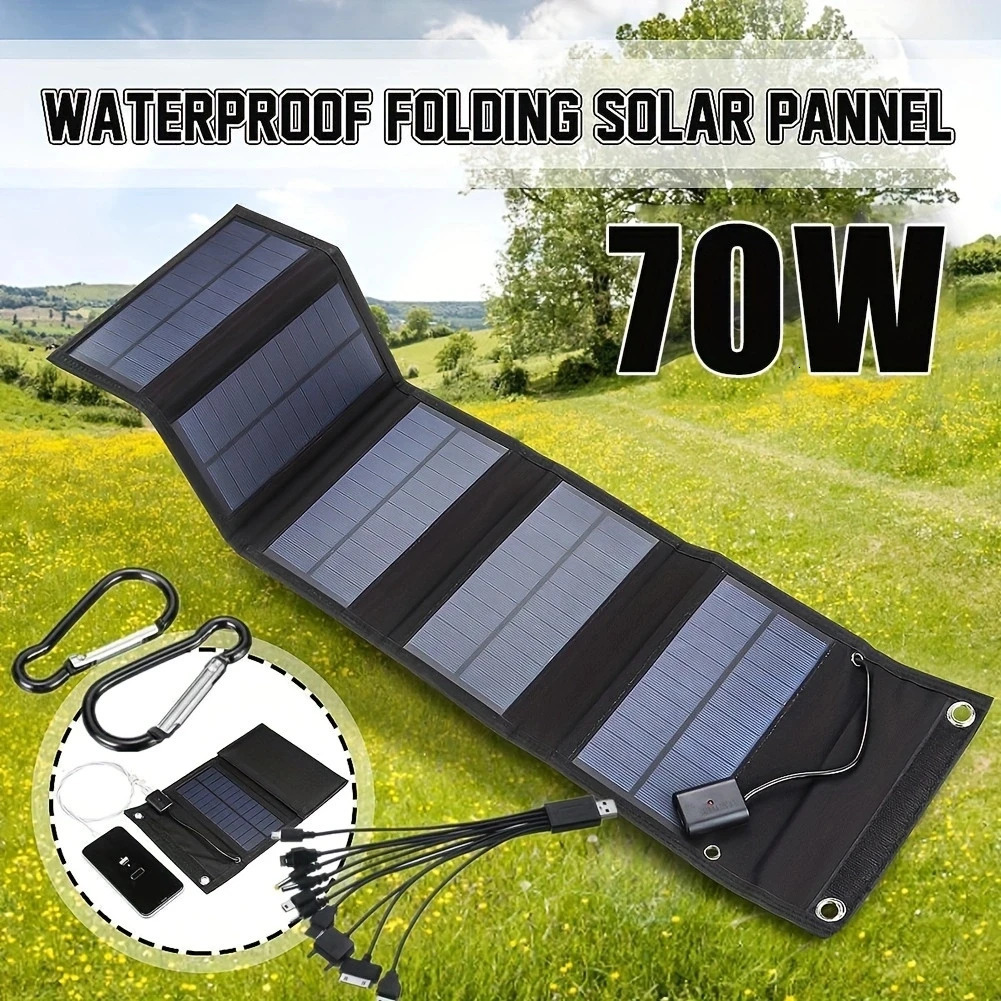 70W Foldable Solar Panel 5V USB Portable Battery Charger for Cell Phone Outdoor Waterproof Power Bank Camping Accessories 240711