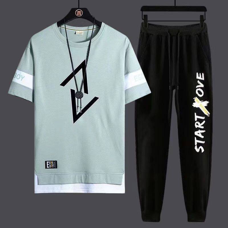Two-piece Suit T Shirt for Men New Casual Sports Korean Version Loose Short-sleeved T-shirt Round Neck Pure Cotton Men's Trend