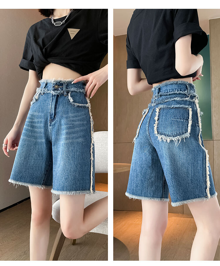 Women's Spring/Summer 2023 New High Waist Loose Wide Leg Ins Trendy 5-point Mid Pants with Hairy Edge Denim Shorts