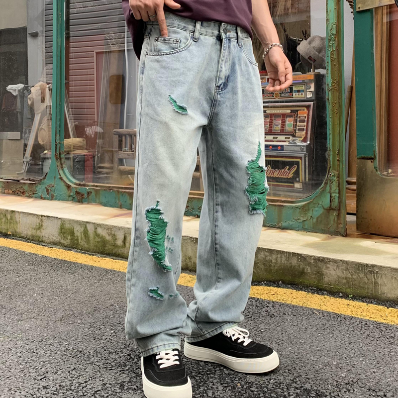 Trendy washed denim men, American style lightning ripped pants, and loose straight leg jeans for men