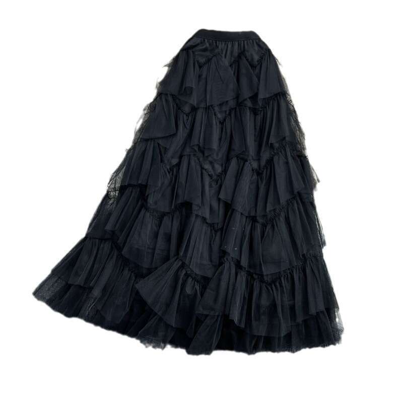 Fashionable Mesh Puffy Cake Medium Length Elastic and Elegant Irregular Gauze Fairy Skirt, Summer Temperament Self-cultivation Waist Lace Dress