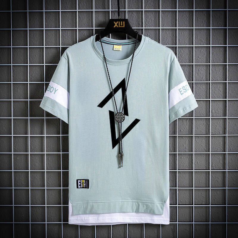 Summer printed short-sleeved t-shirt men's tide brand new loose fake two-piece five-point sleeve ins trend all-match half-sleeve top