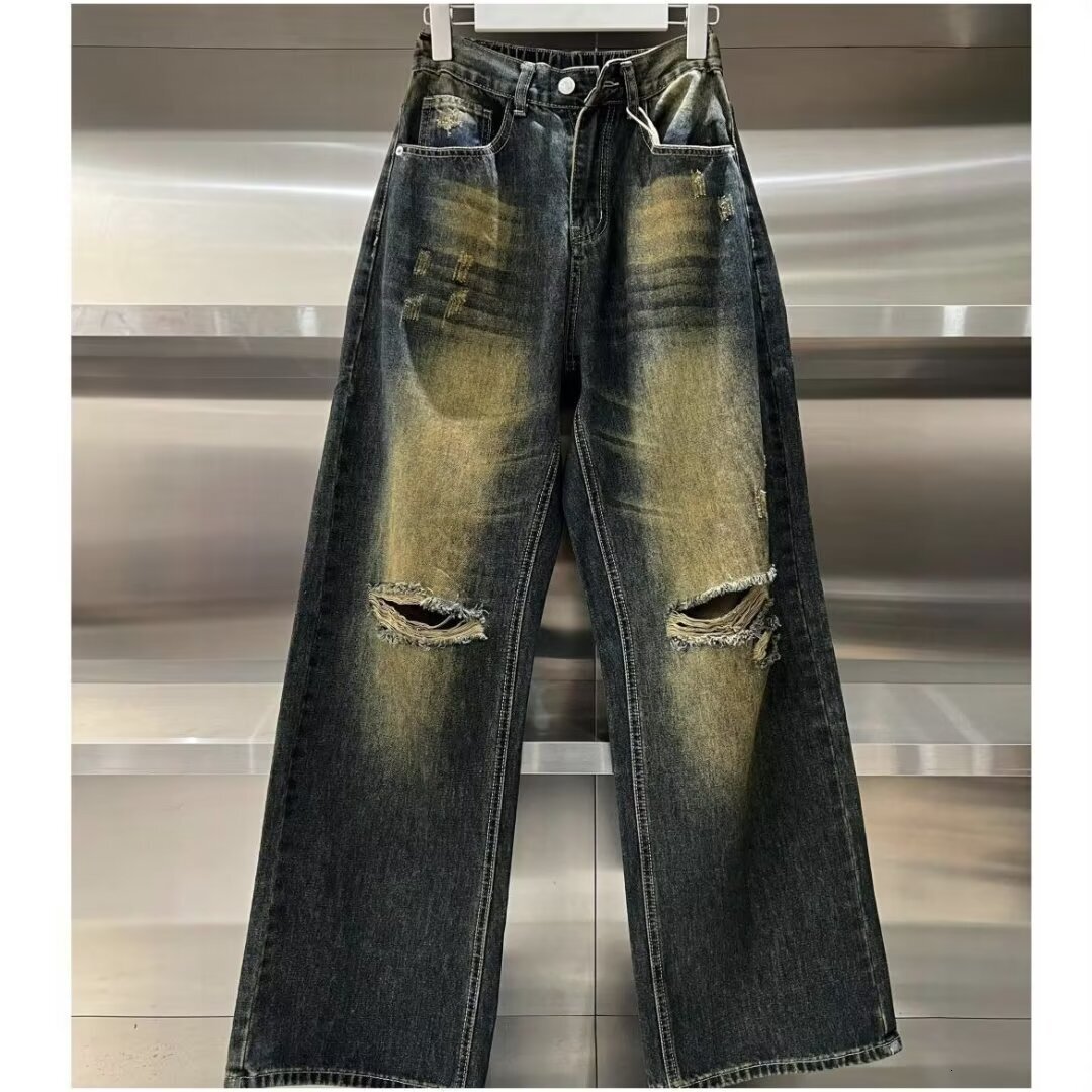 Broken hole jeans men's thin American high street design sense niche vintage washed loose straight leg long pants