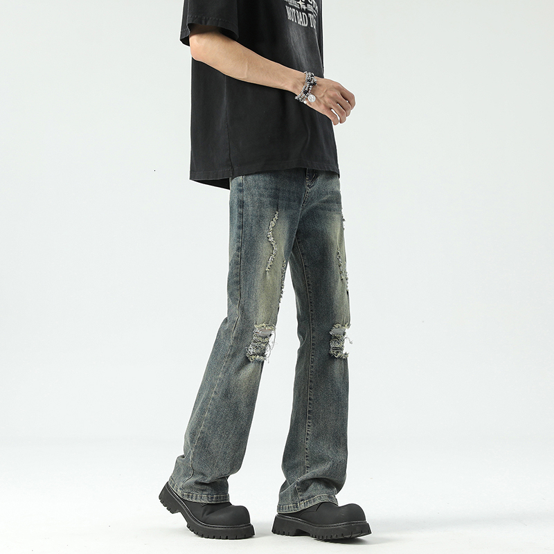 Spring and Autumn Mud Dyeing Elastic Hole Explosion Small Straight Pants High Street Clean Fit Trendy Brand Jeans Men
