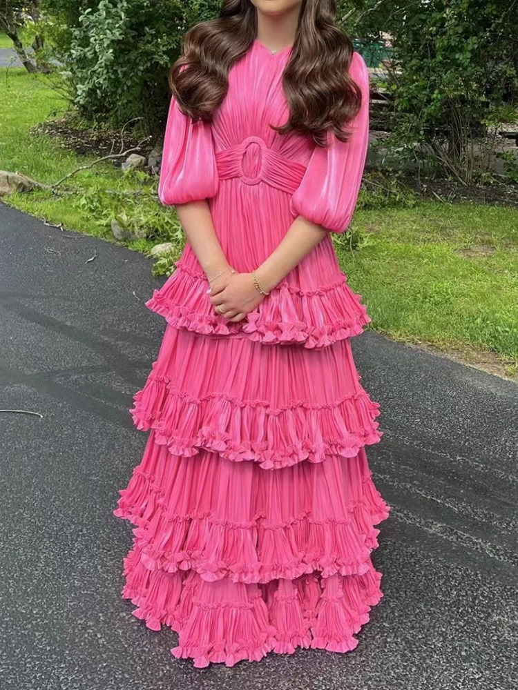 VGH Patchwork Edible Tree Fungus Elegant Dresses For Women Round Neck Puff Sleeve High Waist Temperament Tunic Dress Female 240712