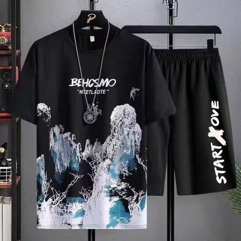 FNCXGE Men Sleeve T-shirt Shorts Two-piece Fashion Loose Plus Size Casual Sports Short Pants Suit M-5XL