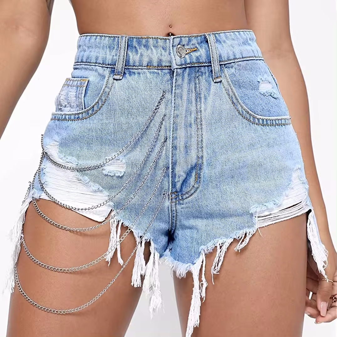 New arrival High Waist Woman Jean shorts with Chains Women denim Jeans for ladies Fashion Summer Short jeans high quality
