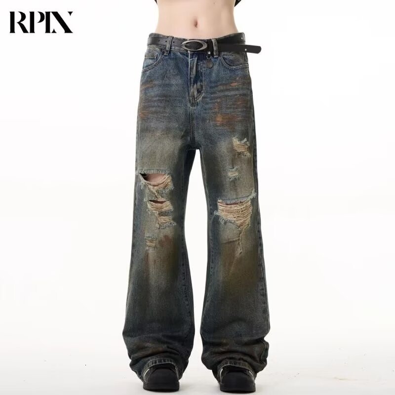 Teenage high American ripped jeans for men, hip-hop and cool, explosive street straight leg slightly flared loose pants