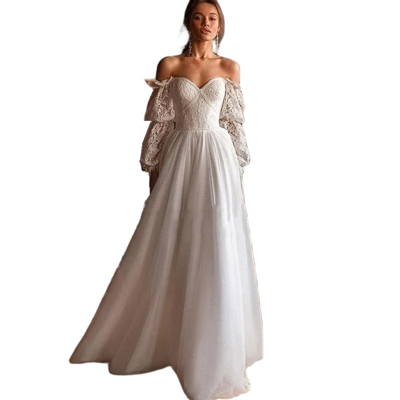 Off Shoulder Long Sleeve A-Line Wedding Dresses Open Back Boho Lace Beach Bridal Gowns Court Train Sweetheart Ivory Bride Dress 2024