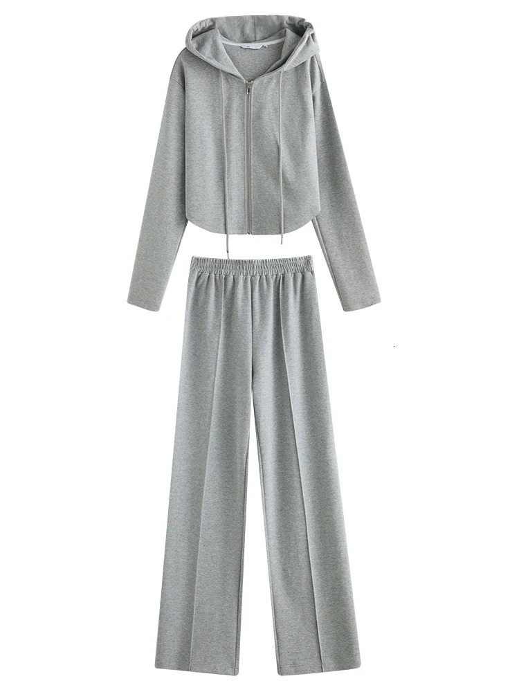 FSLE casual style short hooded zipper sweater jacket womens spring and autumn pants solid color twopiece set 240717