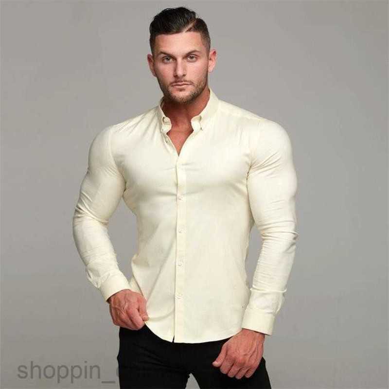Mens Casual Shirts Muscle men's fitness long sleeved shirt new men's solid color slim fit cardigan thin style shirt tops